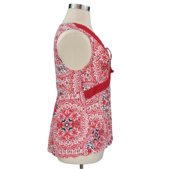 Torrid Red Floral Crochet Lace Up Neck Flowy Sleeveless Blouse - Picture 5 of 14
